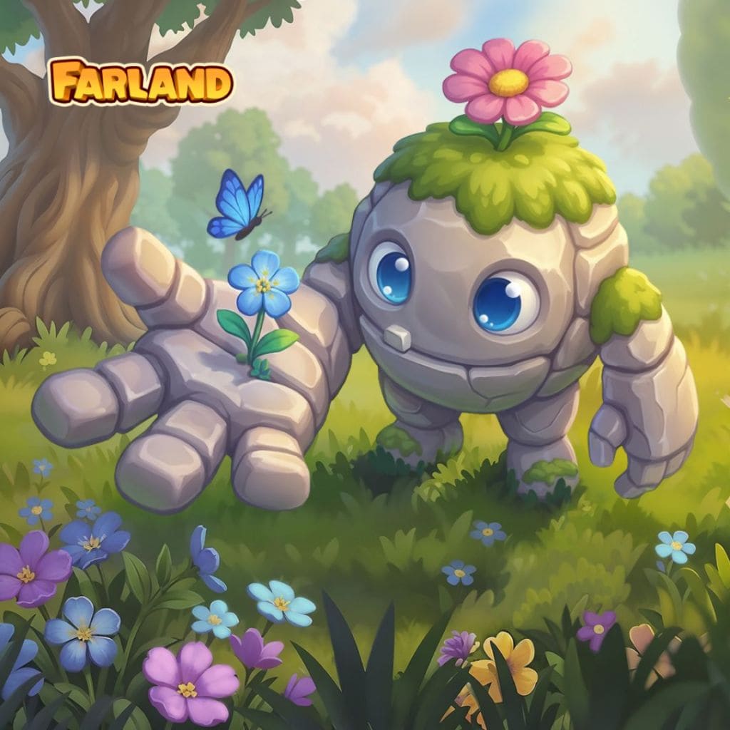 Puzzle fantastique montrant une créature de pierre couverte de mousse et de fleurs parmi les papillons