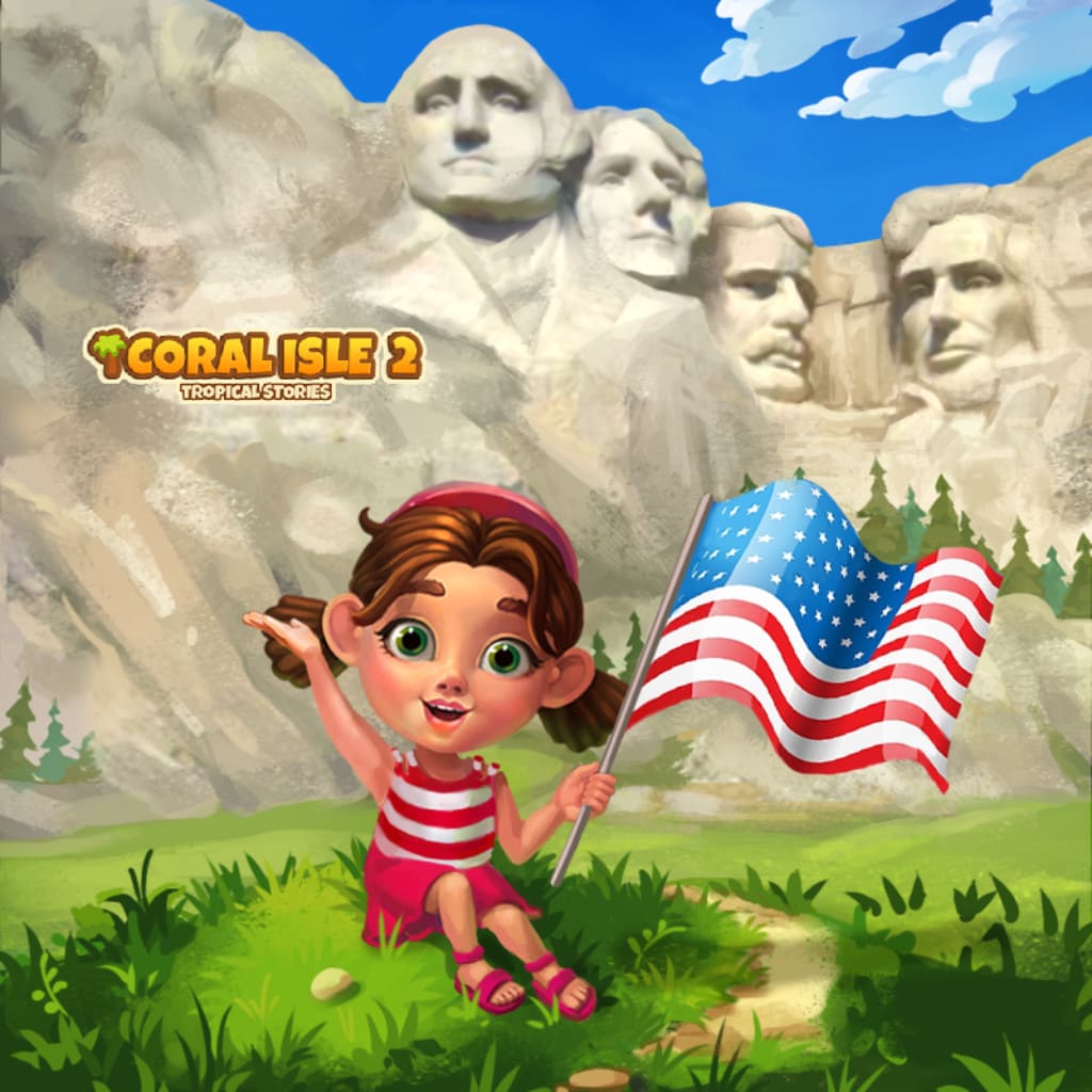Molly, adorable fille de cartoon, visite le mont Rushmore aux États-Unis avec le drapeau américain