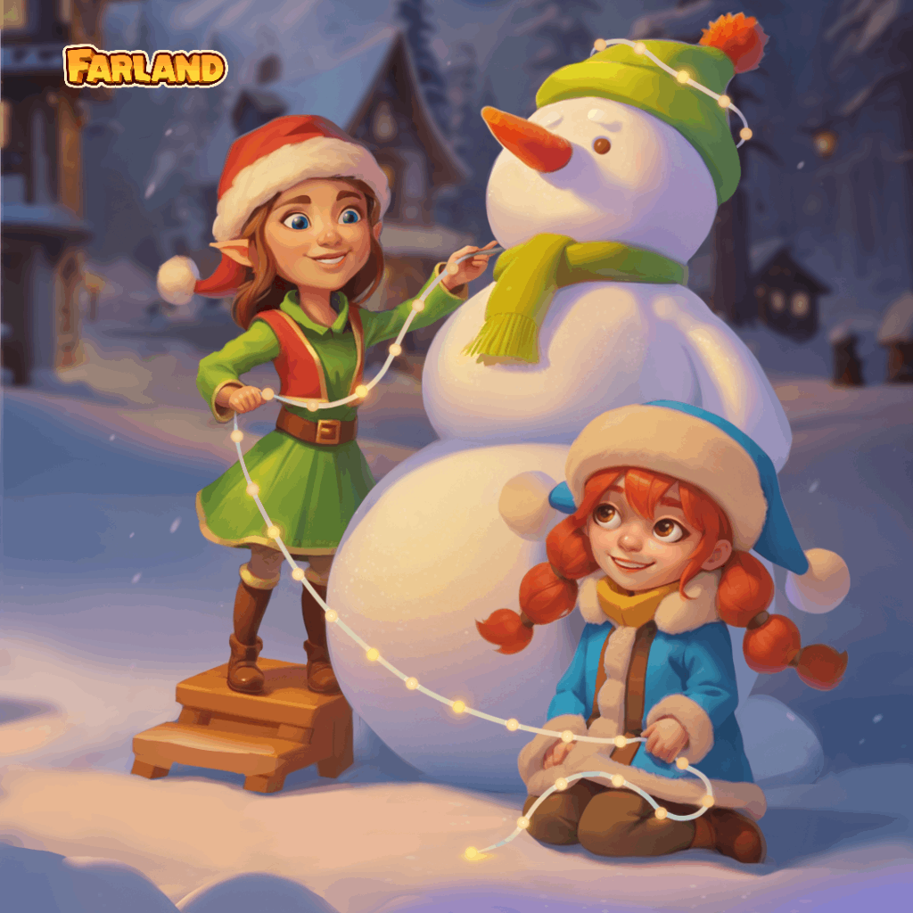 Winter‑Puzzle mit Kindern beim Bauen eines Schneemanns mit Lichtern in verschneiter Umgebung