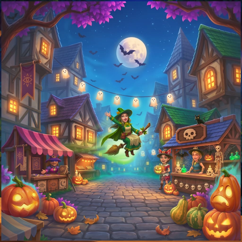 Halloween Tales Puzzle mit eine grüne Hexe fliegt auf einem Besen über einen gepflasterten Markt unter Vollmond, mit Fledermäusen, Geisterlichtern, mittelalterlichen Häusern, gestreiften Ständen, Tränken, Skeletten, Händlern, Kürbissen, Herbstlaub und violetten Bäumen.