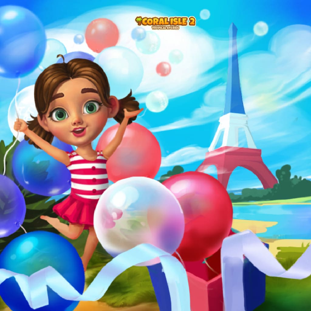 Adorable fille de dessin animé Molly visitant Paris avec tour Eiffel et ballons