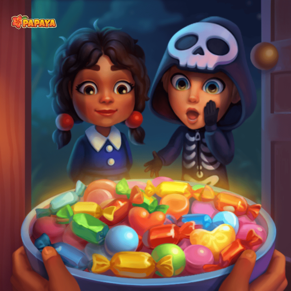 Puzzle Trick or Treat przedstawiające dziecko w niebieskiej sukience i dziecko w kapturze szkieletu patrzą na wielką niebieską miskę cukierków w opakowaniach, słodyczy owocowych i candy corn, z drzwiami, nocą i logo Papaya.