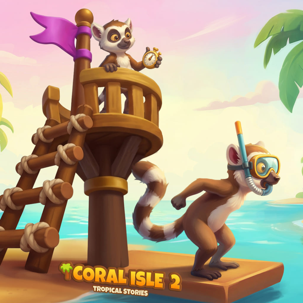 Puzzle Life is Good con una torre di legno vicino al mare, un lemure con cronometro, un altro lemure con maschera da snorkeling sulla piattaforma, una bandiera viola, acqua turchese, palme e il logo Coral Isle 2: Tropical Stories in basso.