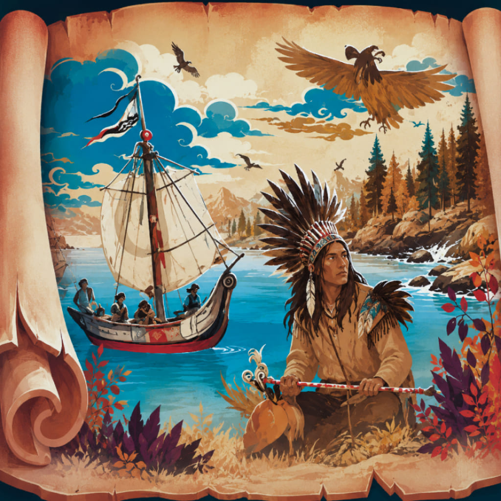 Flusslandschafts-Puzzle mit Segelboot auf blauem Wasser, Figur mit Federschmuck, fliegenden Adlern, Waldküste und Bergen