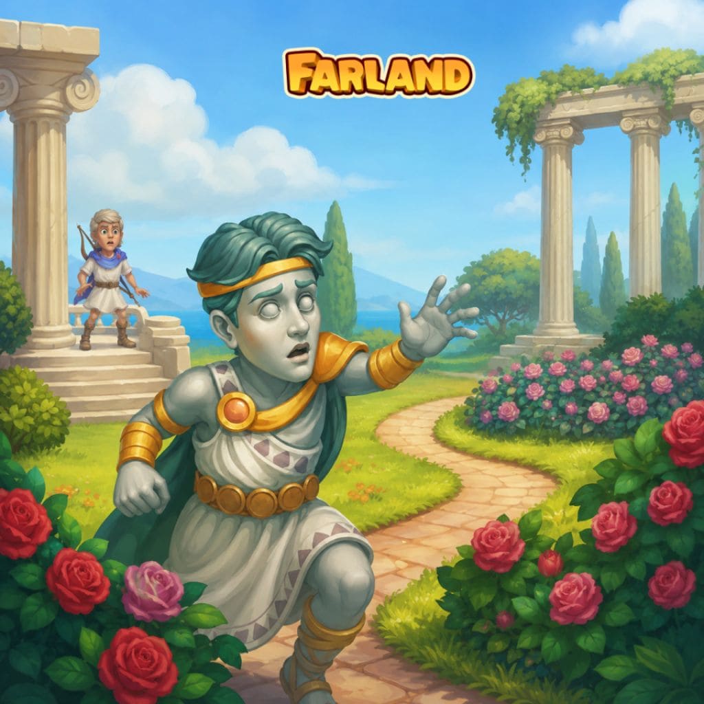Puzzle de jardín con estatua en un camino con flores, arcos y columnas en entorno clásico