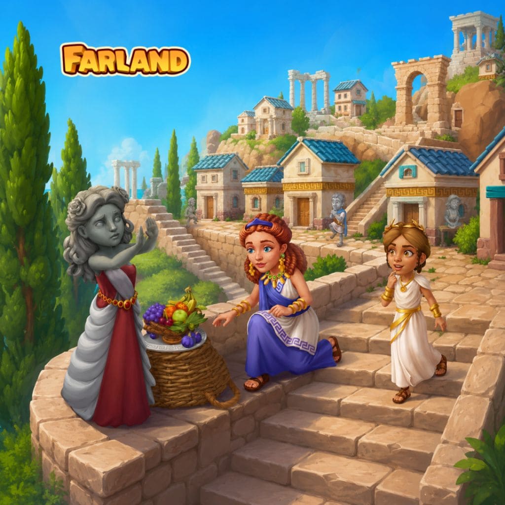 Puzzle de ciudad antigua con escaleras de piedra, edificios y tres figuras con cestas en una ladera