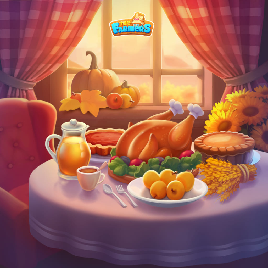 Puzzle de jantar de outono com mesa posta, ave assada, tortas, abóboras e frutas junto à janela, coleção Autumn Aroma