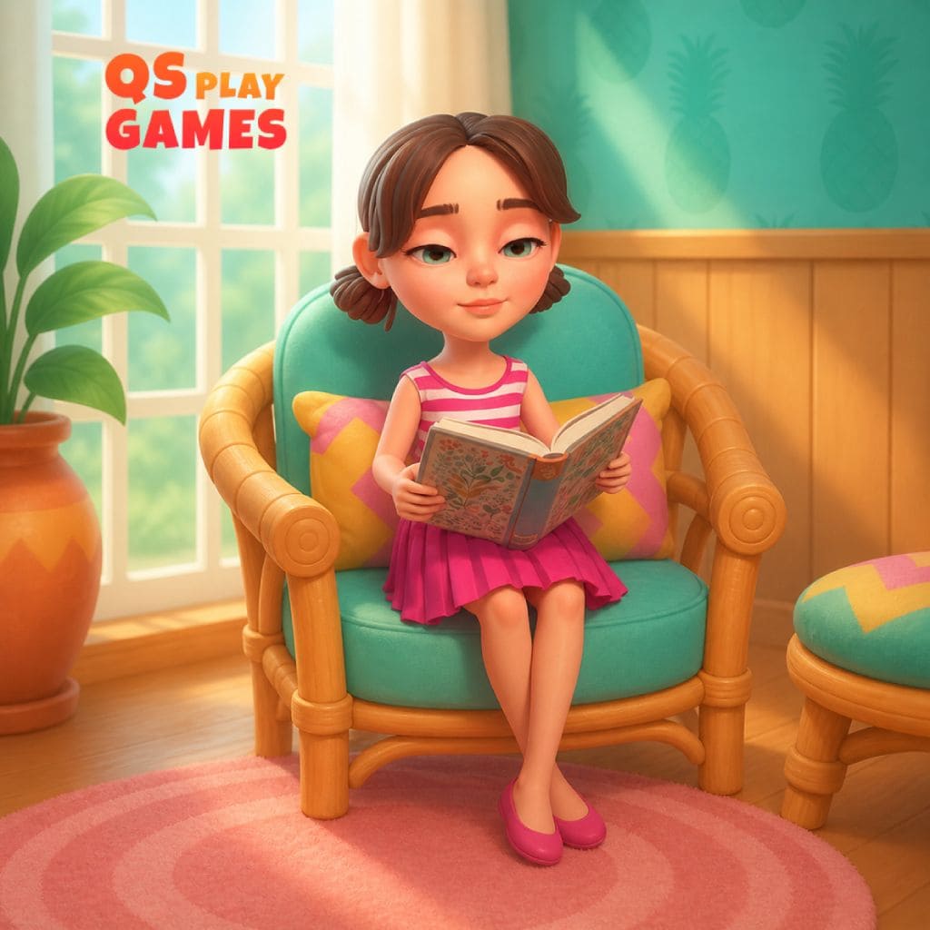 Indoor jigsaw puzzle showing a child sitting in a cushioned chair reading a book near a window, plants, and soft furnishings