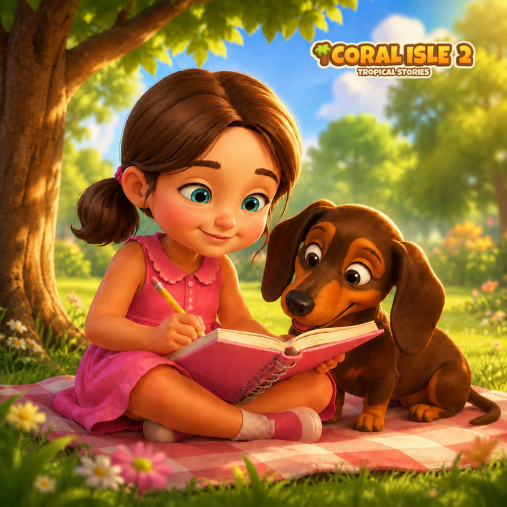 Puzle Molly's Diary con una escena de jardín donde un personaje está sentado sobre una manta de cuadros y escribe en un diario rosa, mientras un cachorro marrón mira las páginas abiertas, con flores, un árbol, luz verde y el logotipo Coral Isle 2: Tropical Stories arriba.
