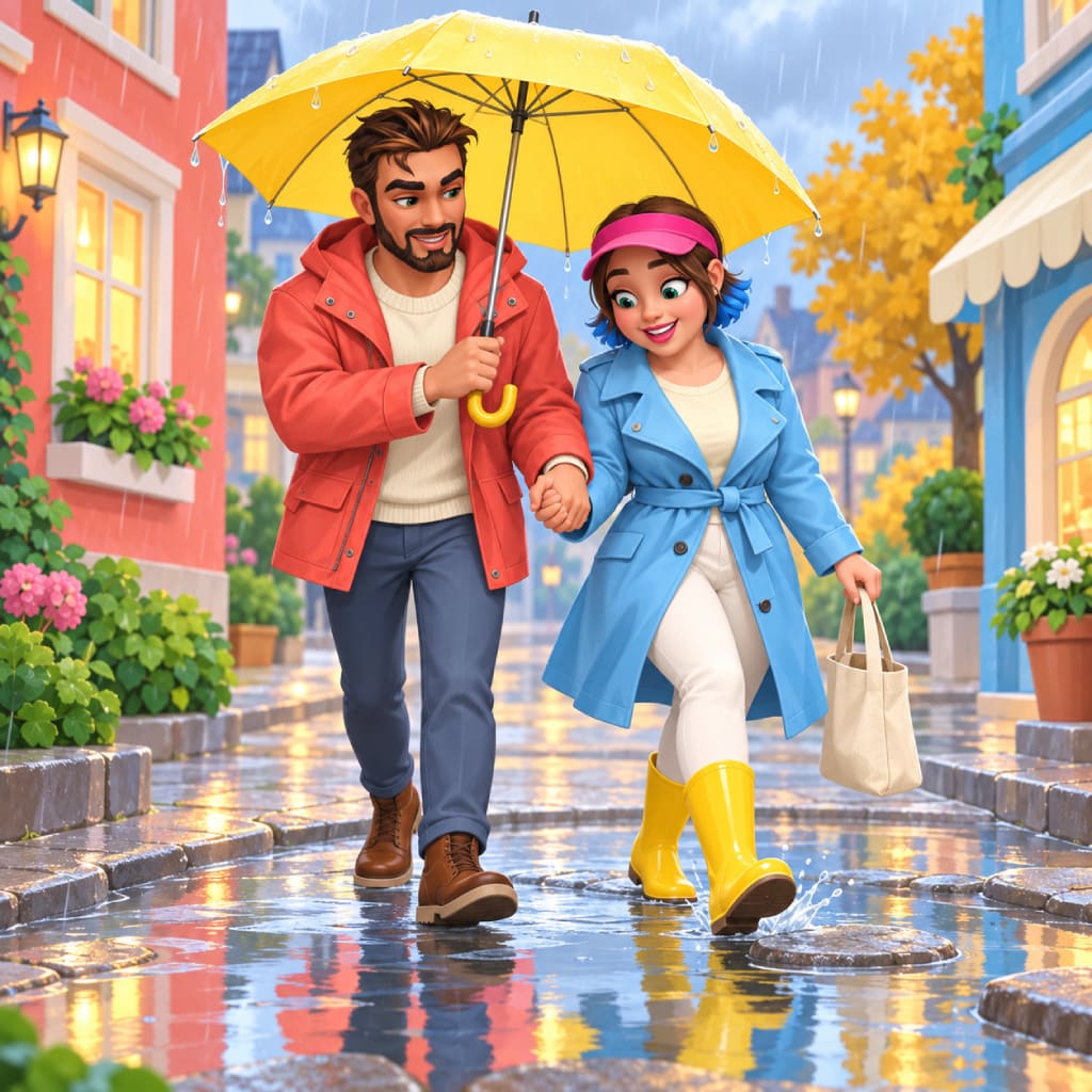 Puzzle Rainy Days con due adulti camminano mano nella mano sotto un grande ombrello giallo su una strada bagnata, con cappotti corallo e blu, stivali gialli, borsa chiara, case colorate, fiori, alberi autunnali, lampade, pozzanghere e riflessi.