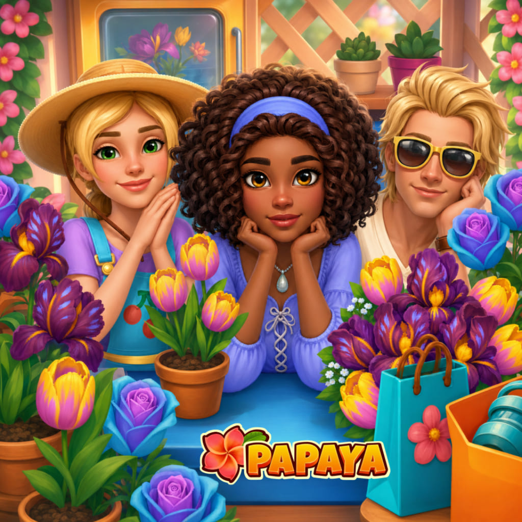 Puzzle di negozio di fiori con tre personaggi circondati da tulipani, rose e bouquet