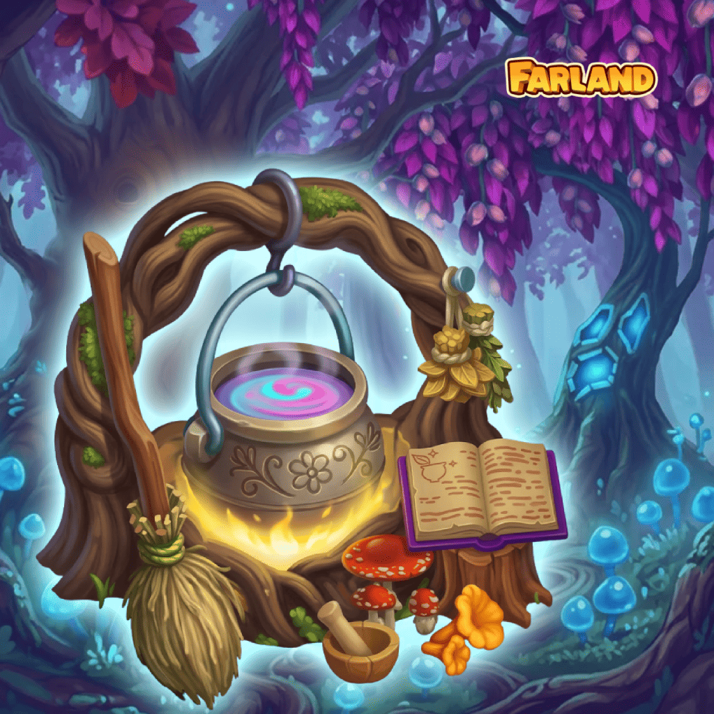 Magiewerkstatt‑Puzzle mit dampfendem Kessel, Zauberbuch, Besen und Kräutern