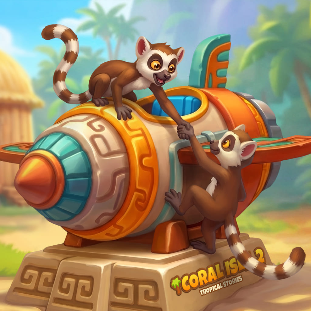 Puzzle Life is Good con due lemuri intorno a un piccolo aereo colorato su una base di pietra, con palme, capanne di paglia, vegetazione tropicale e un logo Coral Isle 2: Tropical Stories parzialmente visibile.