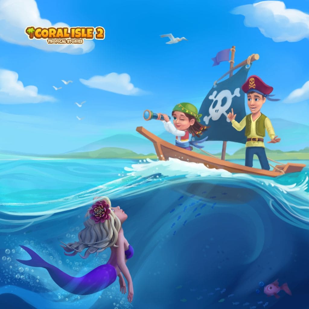 Giovani avventurieri pirati che solcano l’oceano in Coral Isle 2, mentre una sirena magica nuota sotto le onde in una luminosa scena fantasy tropicale