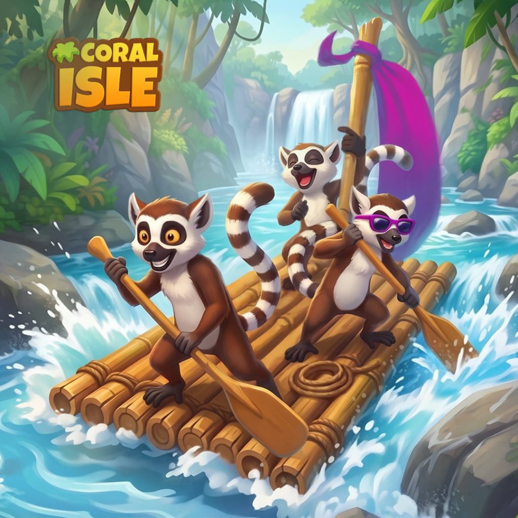 Puzzle Life is Good con tre lemuri che remano su una zattera di legno in acque veloci della giungla vicino a cascate, con piante tropicali, rocce, schizzi e il logo Coral Isle in alto a sinistra.