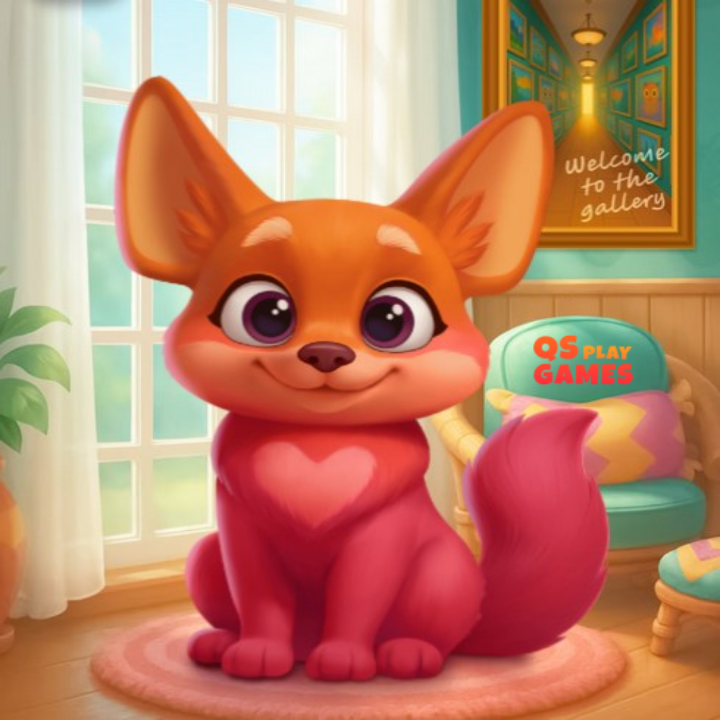 Das süße Maskottchen Quarty sitzt in einem gemütlichen, farbenfrohen Spielzimmer mit großen, ausdrucksstarken Augen und einer herzförmigen Brust und heißt Spieler als freundlicher Gaming-Mentor im QS Play Games-Portal willkommen