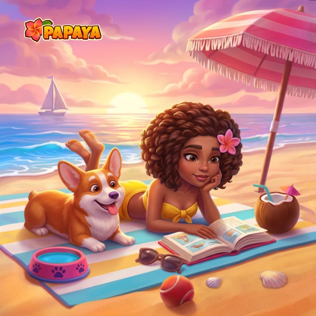 Puzzle Summer Relaxation przedstawiające szczegółową letnią scenę: osobę czytającą na pasiastej macie obok corgi, z książką, okularami, piłką, miską, kokosem, różowym parasolem, żaglówką, zachodem słońca i logo Papaya.