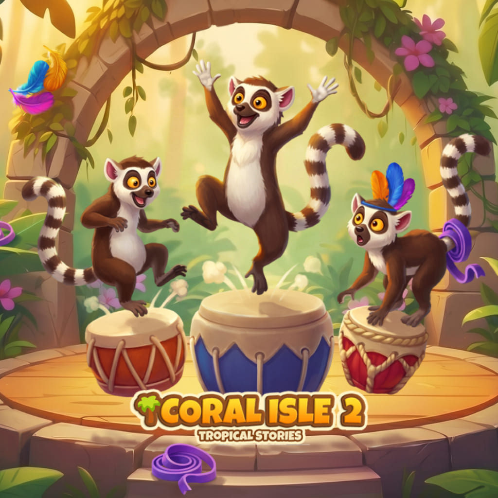 Puzzle Life is Good con tre lemuri che suonano tamburi sotto un arco di pietra coperto di foglie, con piume colorate, nastri viola, luce calda e il logo Coral Isle 2: Tropical Stories in basso.