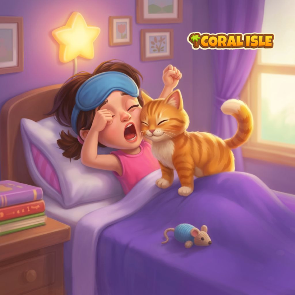 Puzzle Good Morning con un bambino che sbadiglia nel letto viola con maschera blu mentre un gatto arancione si avvicina, con topo giocattolo, libri, lampada a stella, luce mattutina e logo Coral Isle.