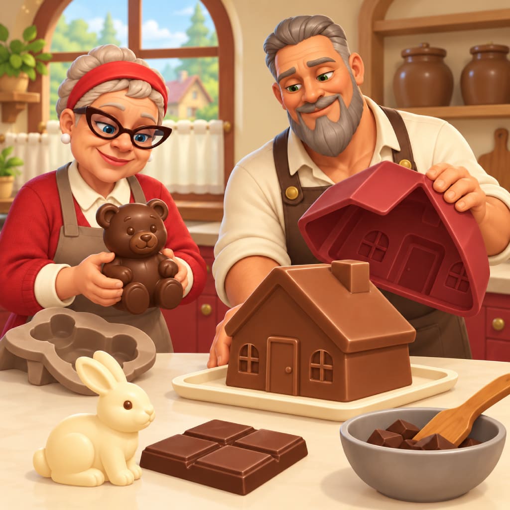 Puzle Sweet Shop con una pareja mayor prepara figuras de chocolate en el mostrador, con casa, oso, conejo blanco, tabletas, moldes, cuenco, cuchara de madera, armarios rojos, tarros y ventana al jardín.