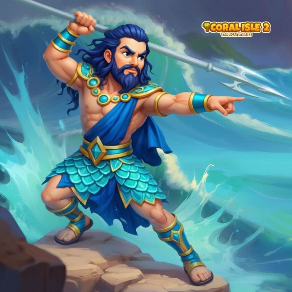 Puzzle marino con figura con lanza en costa rocosa con ola grande y cielo nublado