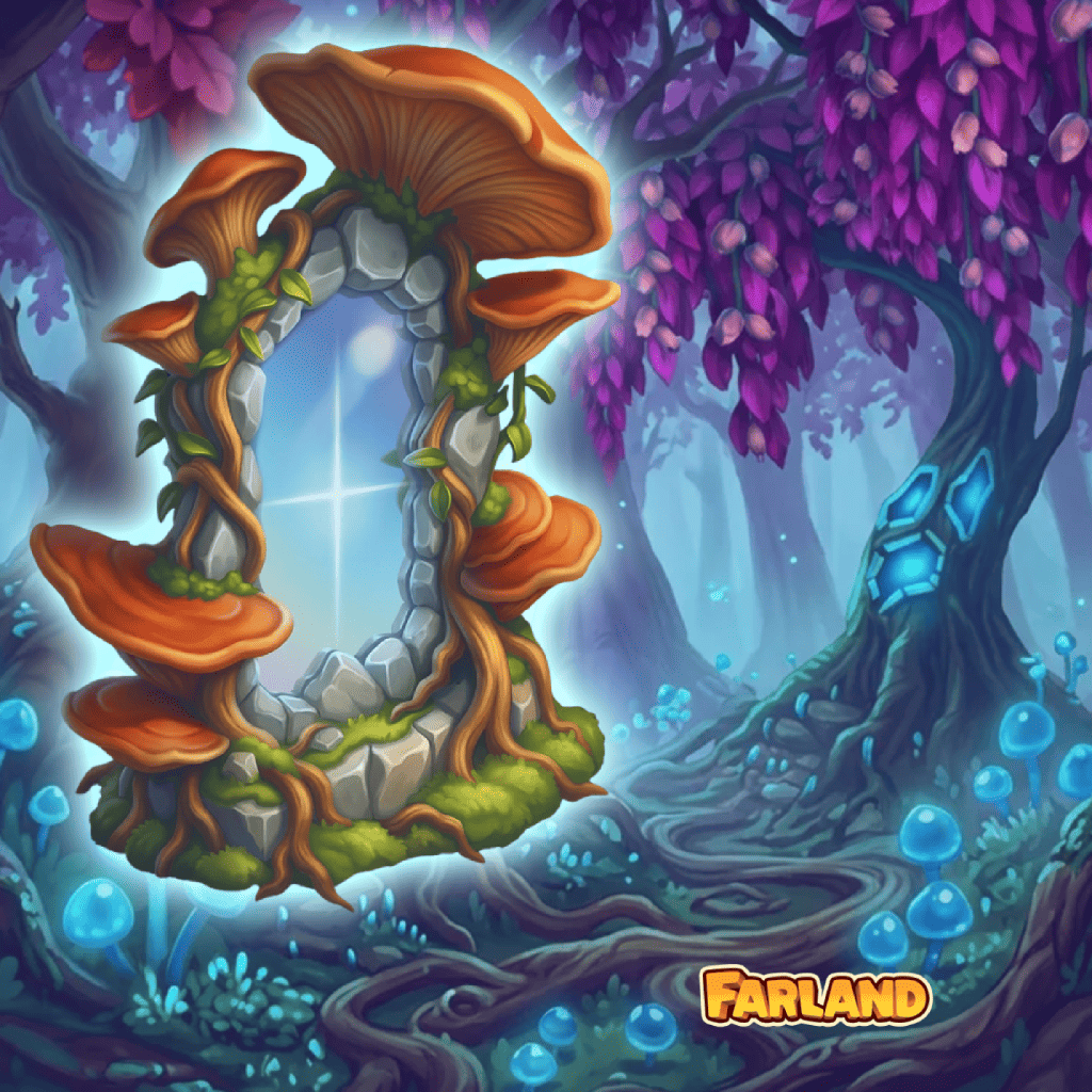 Portal‑Puzzle mit Steinbogen, Pilzen und Ranken in einer mystischen Waldlandschaft