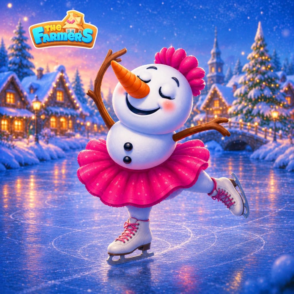 Eislauf‑Puzzle mit Schneemann auf gefrorenem Fluss mit Dorf, Brücke und Lichtern
