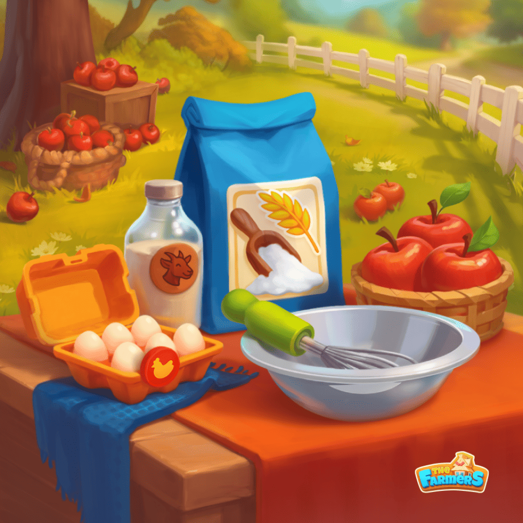 Puzzle kuchenne z jabłkami, mąką, jajkami i przyborami na stole, kolekcja Złote jabłko