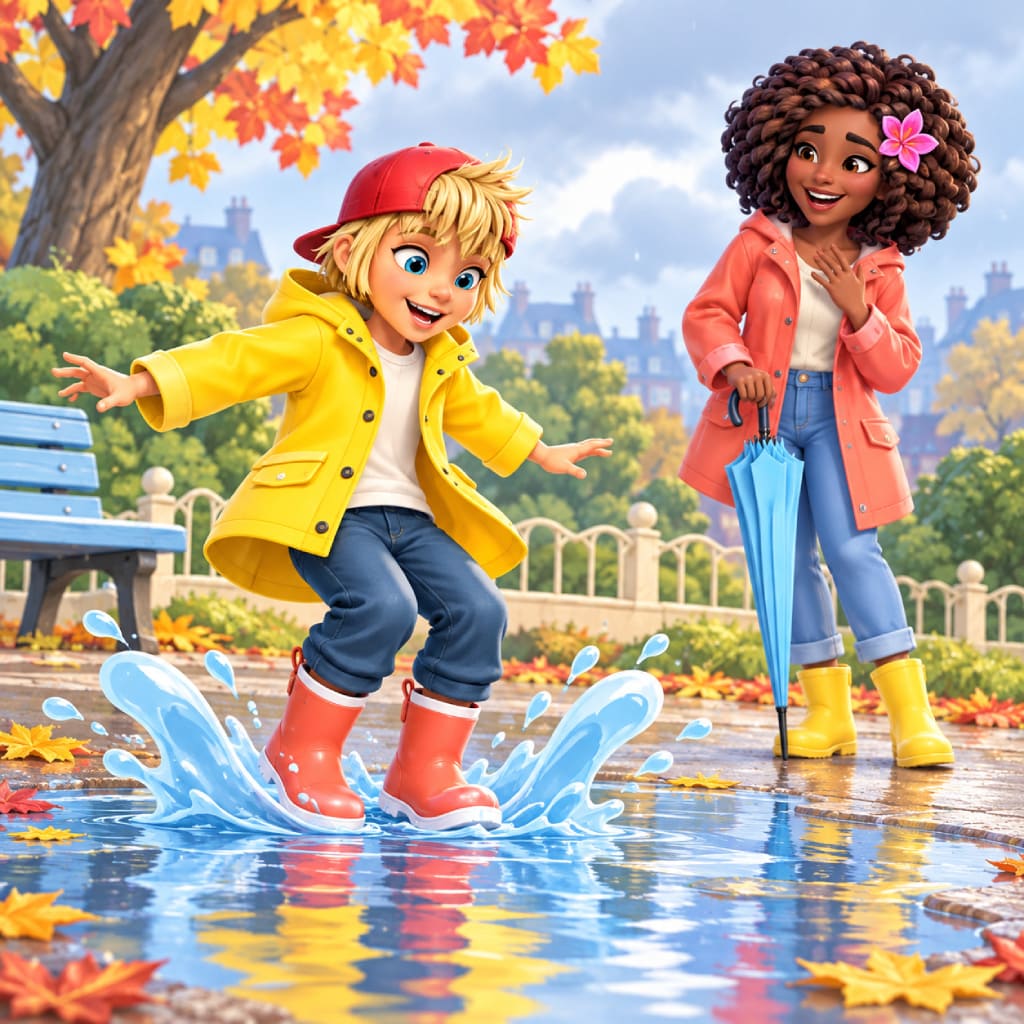Puzzle Rainy Days con un bambino con impermeabile giallo e stivali rossi salta in una grande pozzanghera mentre un adulto con cappotto corallo tiene un ombrello blu chiuso, con albero autunnale, panca, foglie, ringhiera, case, nuvole e alto spruzzo.