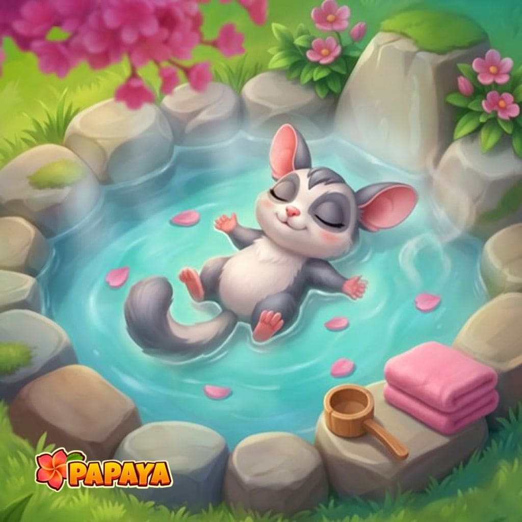 Puzzle mit Chinchilla in einer Steinquelle, umgeben von Blütenblättern, Steinen und Handtuch