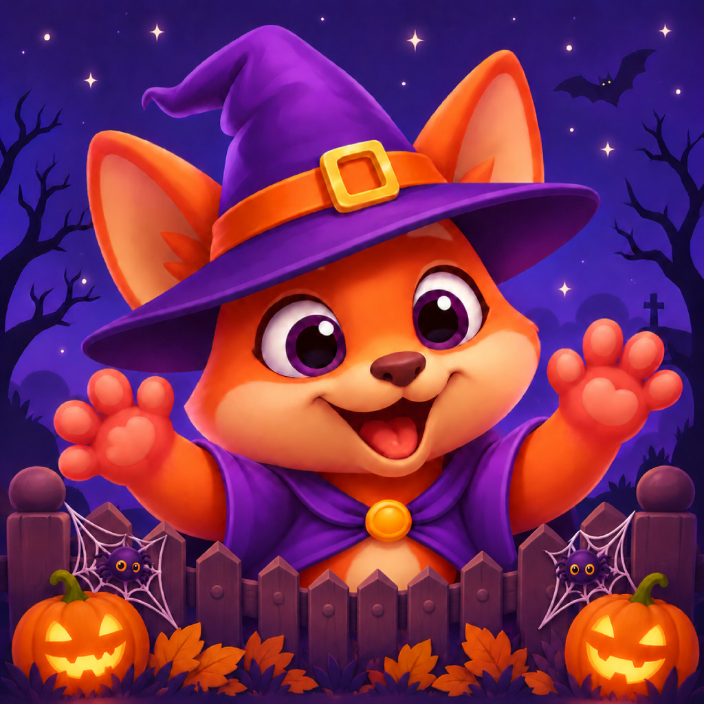 Halloween Tales Puzzle mit Quarty, eine orangefarbene Cartoonkatze mit violettem Hexenhut und Umhang, streckt die Pfoten über einen dunklen Zaun zwischen zwei leuchtenden Kürbissen, Spinnennetzen, Herbstlaub, Grabsteinen, kahlen Bäumen, Fledermaus und violettem Sternenhimmel.