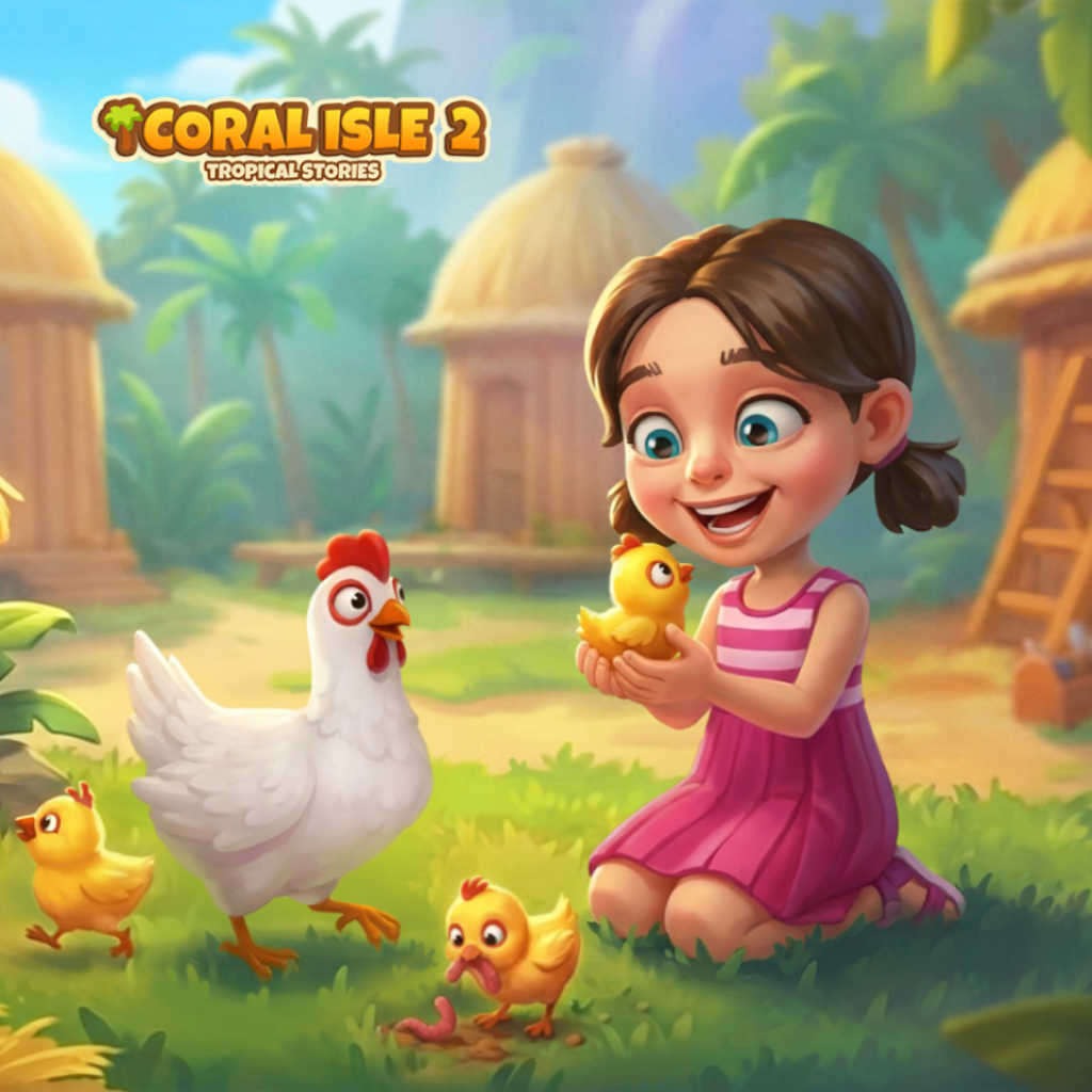 Puzle Molly's Diary con un personaje sosteniendo un pollito amarillo en una granja tropical, con una gallina blanca, varios pollitos, cabañas de paja, palmeras y el logotipo Coral Isle 2: Tropical Stories en la esquina.