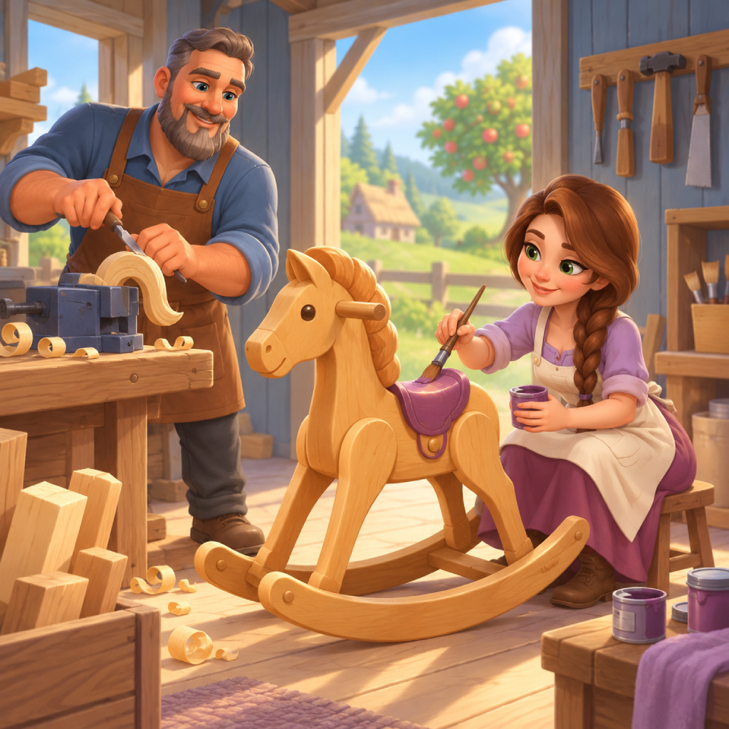 Toy Tales Puzzle mit eine Fachkraft formt gebogene Holzteile an der Werkbank, während eine weitere Person den violetten Sattel eines großen Schaukelpferds bemalt, mit Meißeln, Sägen, Pinseln, Spänen, Farbtöpfen, Obstgarten und heller Werkstatt.