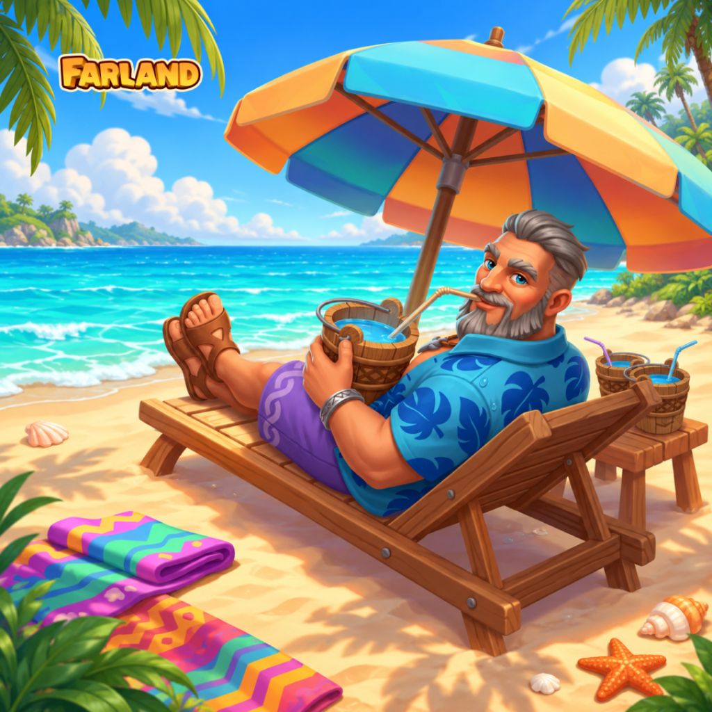 Puzzle Summer Relaxation przedstawiające szczegółową letnią scenę: siwowłosego urlopowicza na drewnianym leżaku pod pasiastym parasolem z napojem kokosowym, turkusowym morzem, ręcznikami, muszlami, rozgwiazdą i logo Farland.
