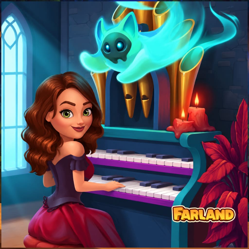 Halloween Tales Puzzle mit einer Person an einem türkisfarbenen Klavier unter einer leuchtenden Geisterkatze mit blauen Augen, dazu goldene Orgelpfeifen, rote Kerzen, gotisches Fenster, dunkle Steinwände, rotes Laub und Farland Logo.