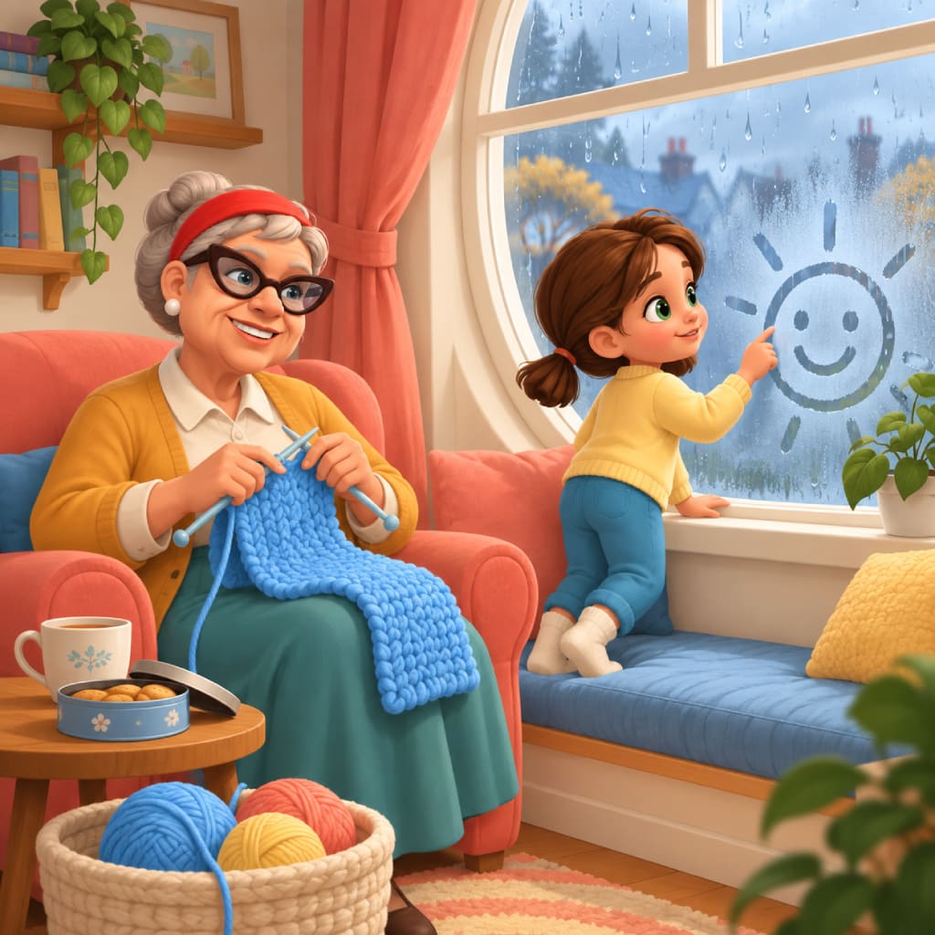 Puzzle Rainy Days con una persona anziana lavora una coperta blu in una poltrona corallo mentre un bambino disegna un sole sorridente sul vetro appannato, con tè, biscotti, gomitoli, cesta, libri, pianta, cuscini e tende.