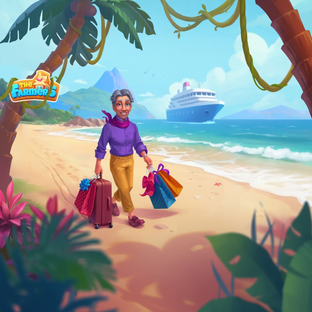 Personnage masculin de dessin animé marchant sur la plage après une croisière avec des sacs de shopping et un navire en mer