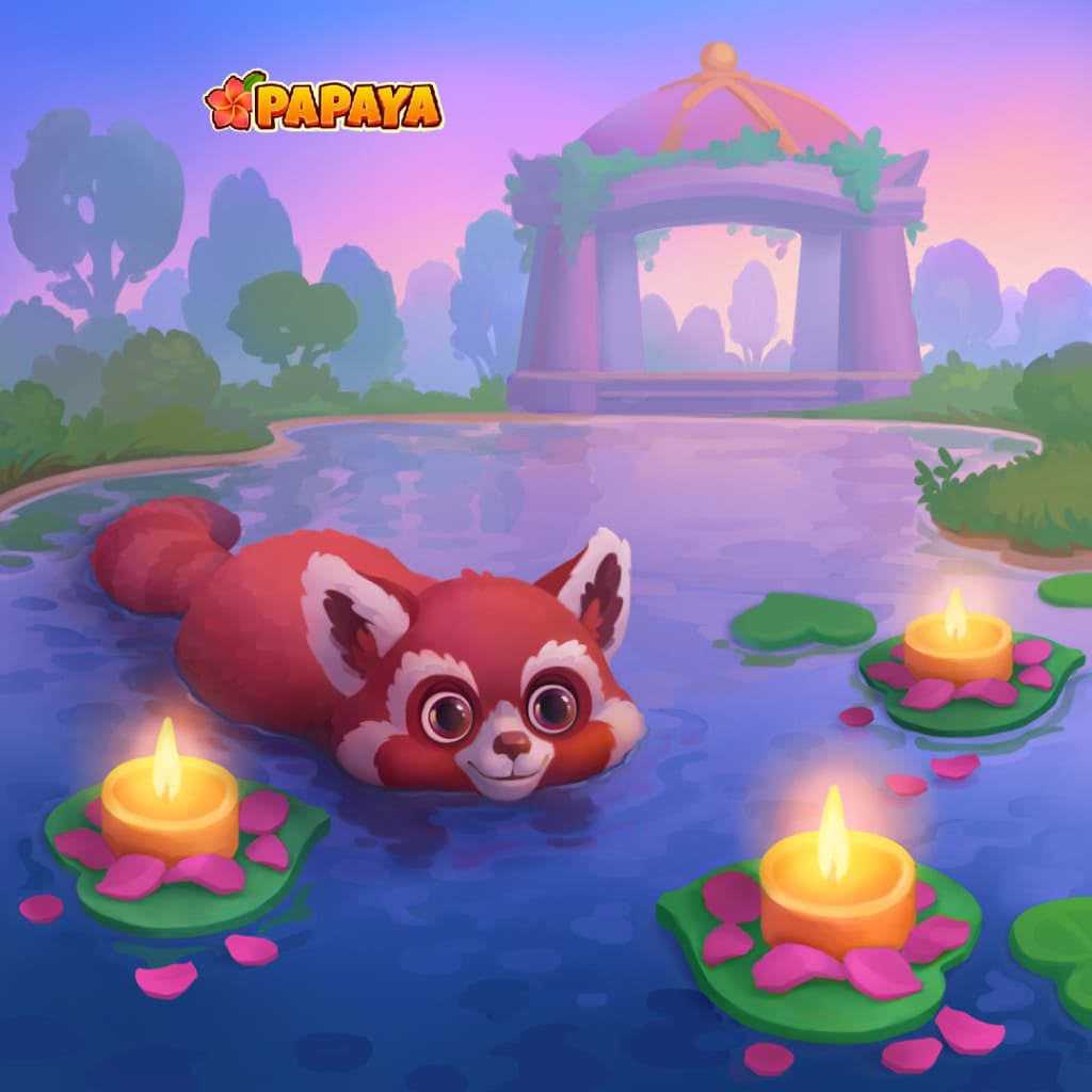 Süßer Roter Panda entspannt sich in einem leuchtenden Seerosenteich, umgeben von schwimmenden Kerzen und sanftem Abendlicht in der magischen Welt von Papaya, und erschafft eine ruhige, gemütliche Fantasy-Atmosphäre