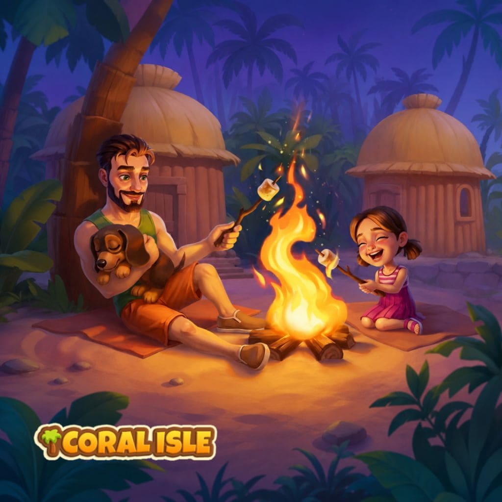 Lagerfeuer‑Puzzle mit zwei Personen, die nachts am Feuer sitzen, mit Hütten und Palmen im Hintergrund