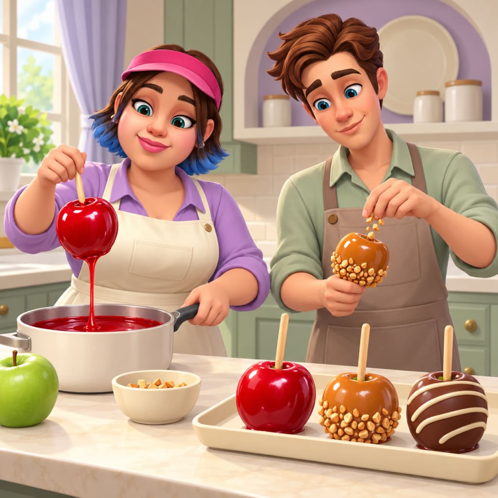 Puzle Sweet Shop con dos personas decoran manzanas: una se sumerge en cobertura roja y otra se cubre con caramelo y frutos secos; la bandeja muestra manzanas roja, con frutos secos y rayada de chocolate, además de manzana verde, cazo y cuencos.