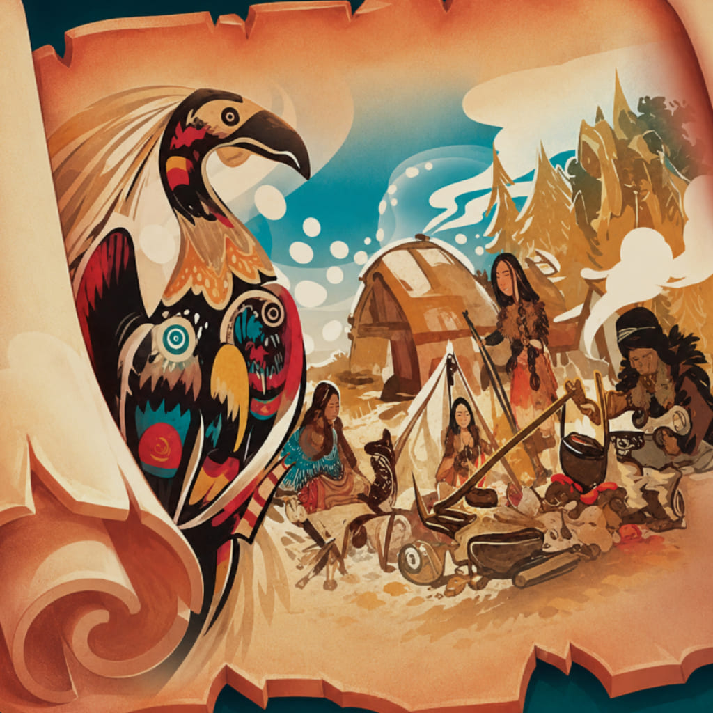Lager-Puzzle mit großem gemaltem Vogel, Figuren bei Zelten, Werkzeugen, Schalen, Waldhügeln, Rauch und Pergamentrand