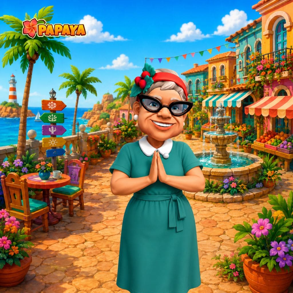 Puzzle de calçadão com figura perto de fonte, mesas de café, prédios coloridos e oceano