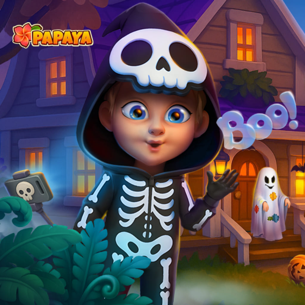 Puzzle Trick or Treat przedstawiające dziecko w czarnym stroju szkieletu podnosi dłoń obok słowa Boo, z oświetlonymi domami, duchem na schodach, dynią, mgłą, turkusowymi roślinami, kamerą i logo Papaya.