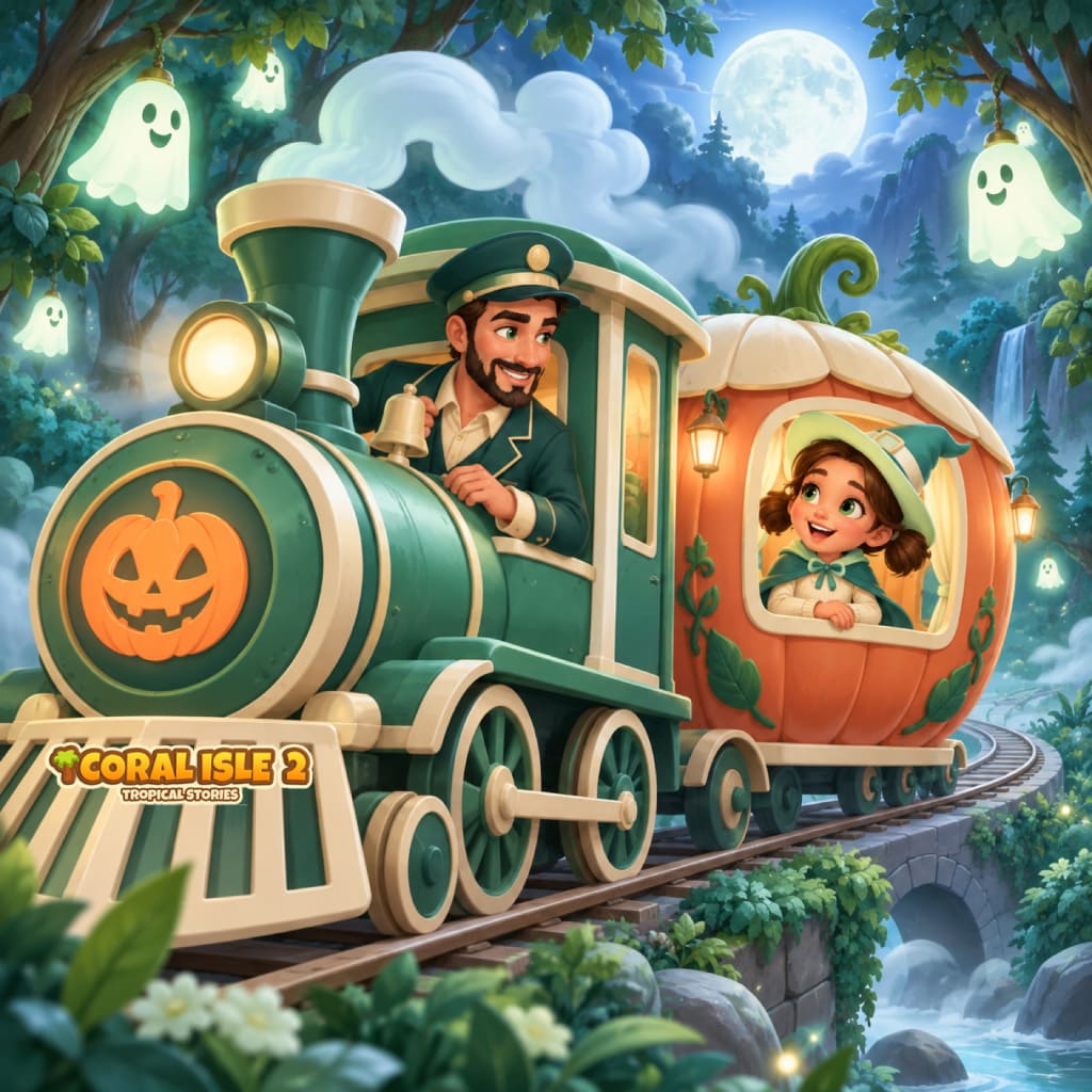 Halloween Tales Puzzle mit grüner Dampflok, leuchtendem Kürbisemblem, Lokführer, Kind im Kürbiswagen, Geisterlaternen, Wasserfällen, Steinbrücke, Vollmond, weißem Dampf und Coral Isle 2: Tropical Stories Logo.
