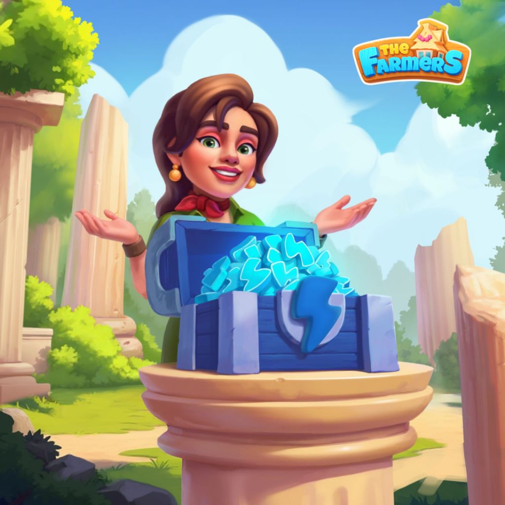 Puzzle de recompensa con figura mostrando un cofre abierto lleno de símbolos azules de energía