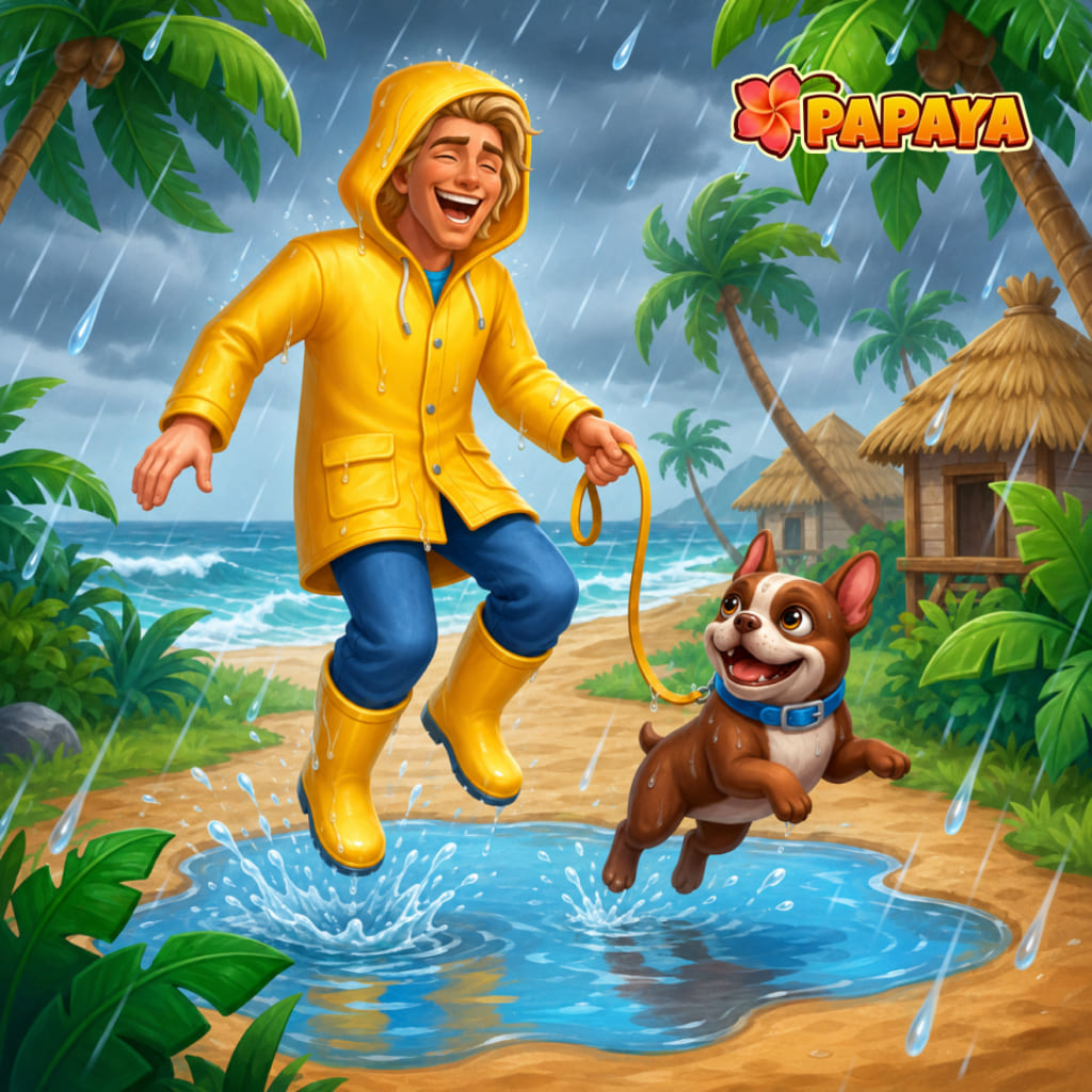 Puzzle z deszczową plażą z osobą w żółtym płaszczu skaczącą obok psa na smyczy, kałużami, palmami, chatkami, falami i logo Papaya