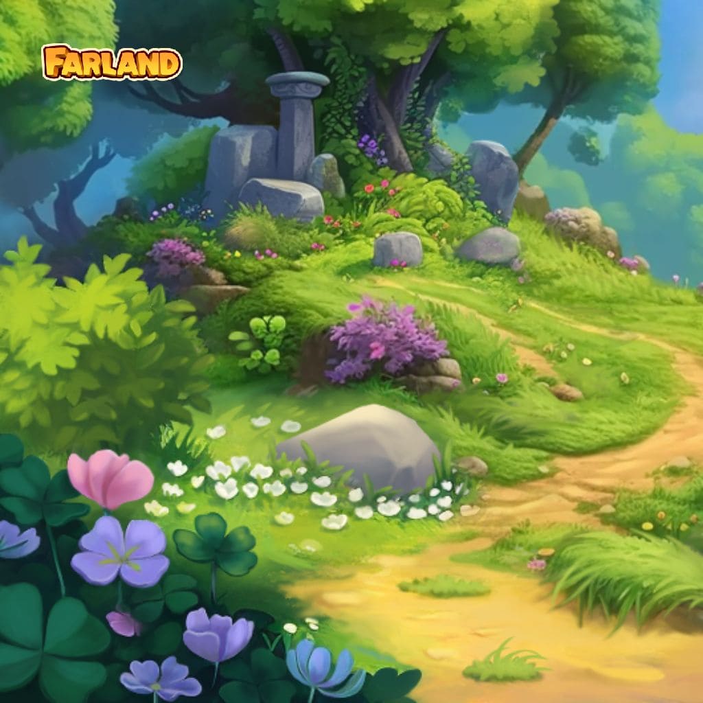 Wiosenny puzzle krajobrazowy z krętą leśną ścieżką, kamieniami, kwiatami i drzewami