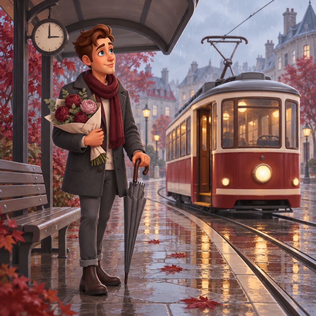Puzzle Rainy Days con un adulto attende sotto la fermata con bouquet bordeaux e rosa e ombrello grigio chiuso mentre arriva un tram rosso e crema illuminato, con orologio, panca, binari bagnati, lampioni, edifici, alberi rossi, foglie e riflessi.