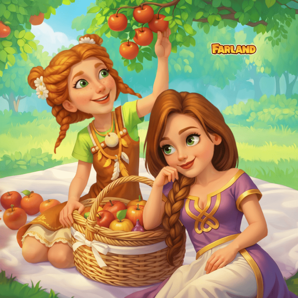 Puzzle z sadu z koszem jabłek na kocu między drzewami, kolekcja Złote jabłko