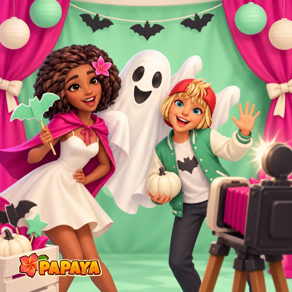 Halloween Tales Puzzle mit einer erwachsenen Person im weißen Kleid und Magentaumhang mit einer mintfarbenen Fledermaus-Requisite neben einer weiteren Person mit weißem Kürbis, dazu große Geisterkulisse, schwarze Girlande, Papierlampions, Magentavorhänge, Kamera, Requisiten, Luftballons und Papaya Logo.